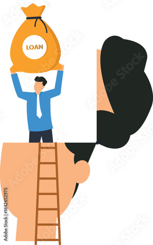 Conceptual Illustration of Loan Concept, financial plan, business person, financial assistance, business strategy, money matters, financial success, good idea, bright colors, simple shapes, cartoon ch