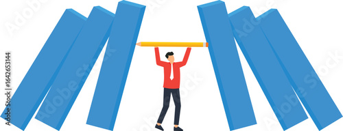 Businessman Holding Pencil Preventing Falling Dominoes, Business Concept, Problem Solving,,business challenges, creative solution, risk management, strategic thinking, financial stability, market