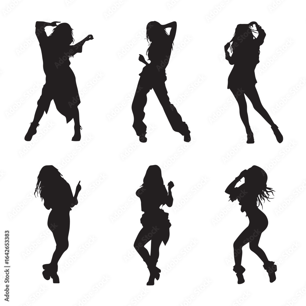 Fototapeta premium vector illustration of dancing women silhouette set, Black & White silhouette set 