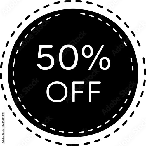 Black circle with dashed border displaying a fifty percent off promotion in white text clearly visible