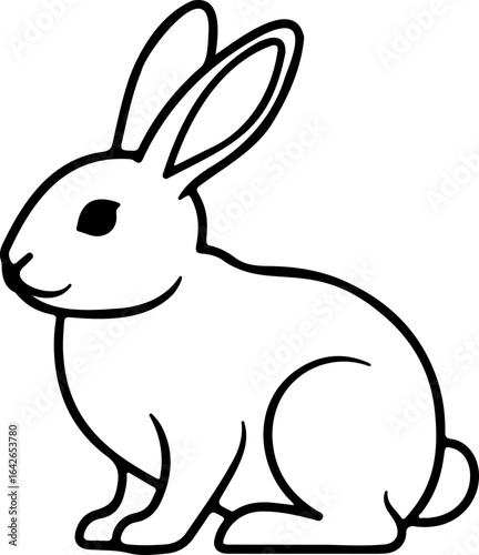 A simple black outline drawing of a rabbit sitting with its ears up and a small fluffy tail shown
