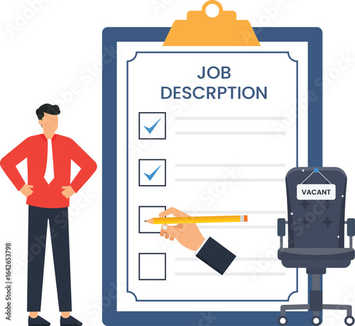 Job Description Illustration: Hiring Process, Vacant Position, Checklist,  hand writing, pencil drawing, office chair, vacant sign, corporate world, career path, employment opportunity, human resource