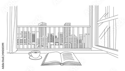 City View Balcony Serenity: Open Book and a Cup of Coffee over Urban Scenery Sketch