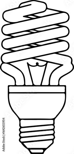 Illustration of a compact fluorescent lamp with a spiral bulb in black and white outline drawing