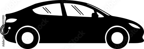Silhouette of a modern car with visible wheels and windows displayed in a side profile view image