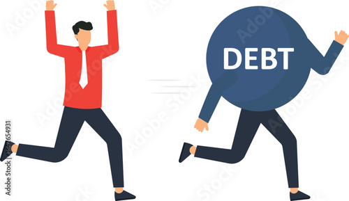 Businessman Running Away From Debt Concept, Financial Crisis, Economic Struggle, Flat Design, economic struggle, simple design, debt avoidance, financial problems, economic downturn, running 

