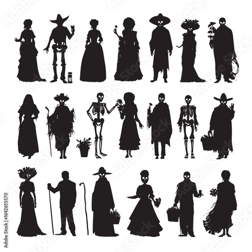 vector illustration of day of the dead silhouette set, Black & White silhouette set 