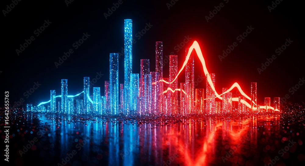 Naklejka premium A futuristic cityscape with neon lights and reflections on a dark surface