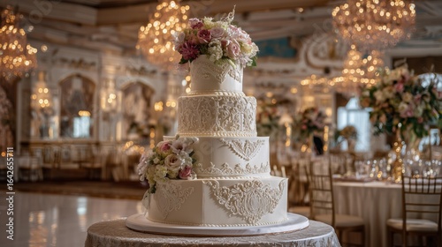 Elaborate tiered wedding cake with intricate white icing and fresh floral decorations in grand ballroom, chandeliers and elegant decor exuding luxury celebration.