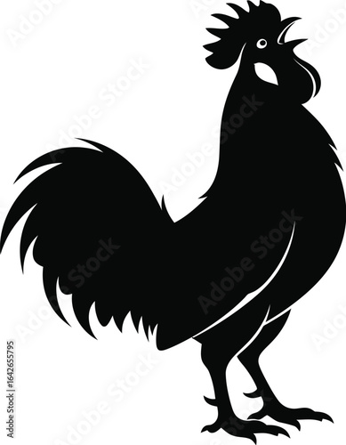 A black silhouette of a rooster stands tall, crowing loudly with its beak open, a symbol of the farm and agriculture