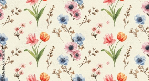 Watercolor Floral Pattern: Pink Blue and Orange Flowers.