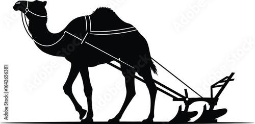 A camel pulling a plow silhouette, a vintage illustration of traditional agriculture and rural life in desert farming