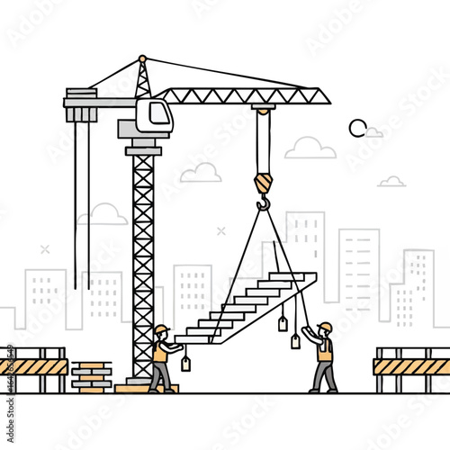 Construction workers use a crane to install stairs at a building site with a city skyline in the background, symbolizing development.
