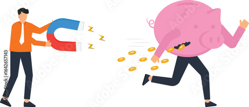 Businessman using magnet attracting money from a piggy bank,business concept, investment strategy, wealth management, money saving, business finance, economic crisis, financial planning, investment