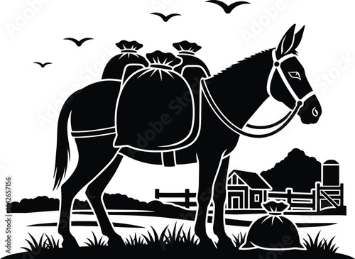 Silhouette of a donkey carrying sacks its back