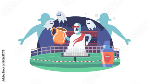 Halloween ghost spooky statue jug arena trick or treat party celebration haunted illustration scene