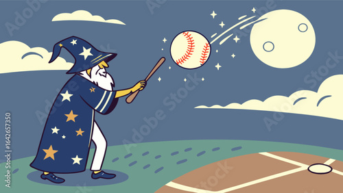 Wizard baseball player hitting a baseball with magic under moonlight cartoon illustration art