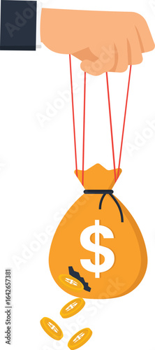 Hand Holding Money Bag on Strings, Financial Control Concept, Isolated on White, financial loss, economic crisis, puppet strings, currency symbol, wealth management, business finance, economic
