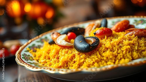 Golden-edged paella on porcelain, saffron rice and seafood arranged with artistic precision.