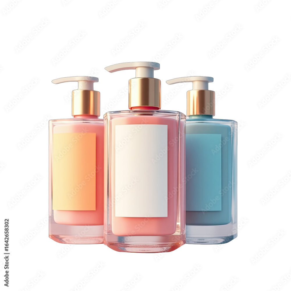 Three pastel-colored bottles with blank labels. Three pastel-colored bottles with blank labels.