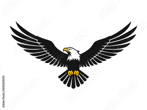 Silhouette of a flying eagle with spread wings and sharp beak
