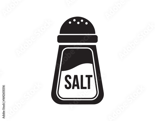 Icon of a salt shaker, vector graphic, set against a white backdrop. This logo represents the concept of a salt shaker symbol on a clear background, depicted as a solid black icon.