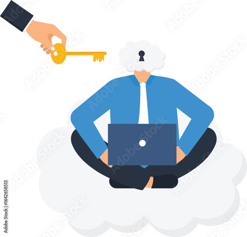 Cloud-headed man with laptop receiving key, cloud head, hand gesture, black sleeve, data protection, access granted, online security, digital world, cloud service, cloud storage, secure access,
