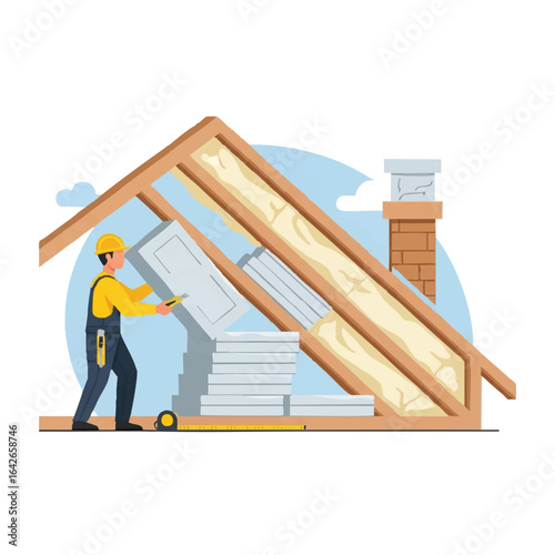 A skilled worker in a hard hat and overalls carefully installs insulation panels within the wooden framework of a residential attic or roof.