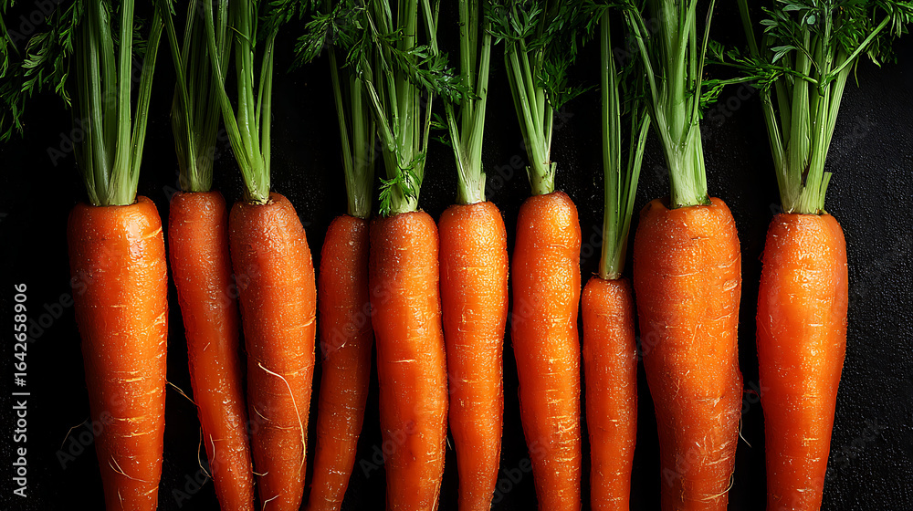 Freshly harvested carrots with vibrant green tops arranged neatly on a dark surface Freshly harvested carrots with vibrant green tops arranged neatly on a dark surface
