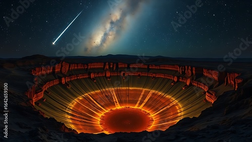An otherworldly crater illuminated by glowing preservation symbols beneath a meteor shower.
