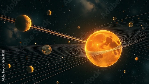 Celestial bodies linked by harmonic resonance lines, dancing in space with a fading phantom planet.