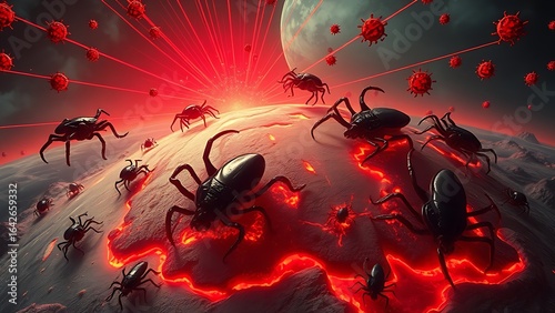 Surreal landscape of giant glowing ticks crawling over a melting earth with radiating red disease vectors.