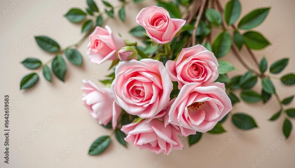 Fototapeta premium Delicate pink roses with lush green foliage on a soft beige backdrop, close-up, spring