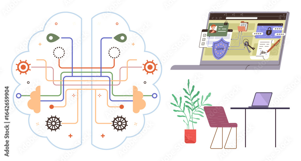 Fototapeta premium Brain-shaped AI network with gears and circuits, a cybersecurity-focused laptop, workspace setup with desk and plant. Ideal for technology, AI, cybersecurity, innovation, workflow, tech workspace