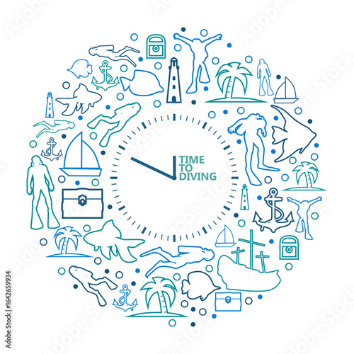 Leisure activity and vacation illustration. Icons located around the analog clock face. Diver , fish,ship, palm and lifeguard tower. Time to travel diving