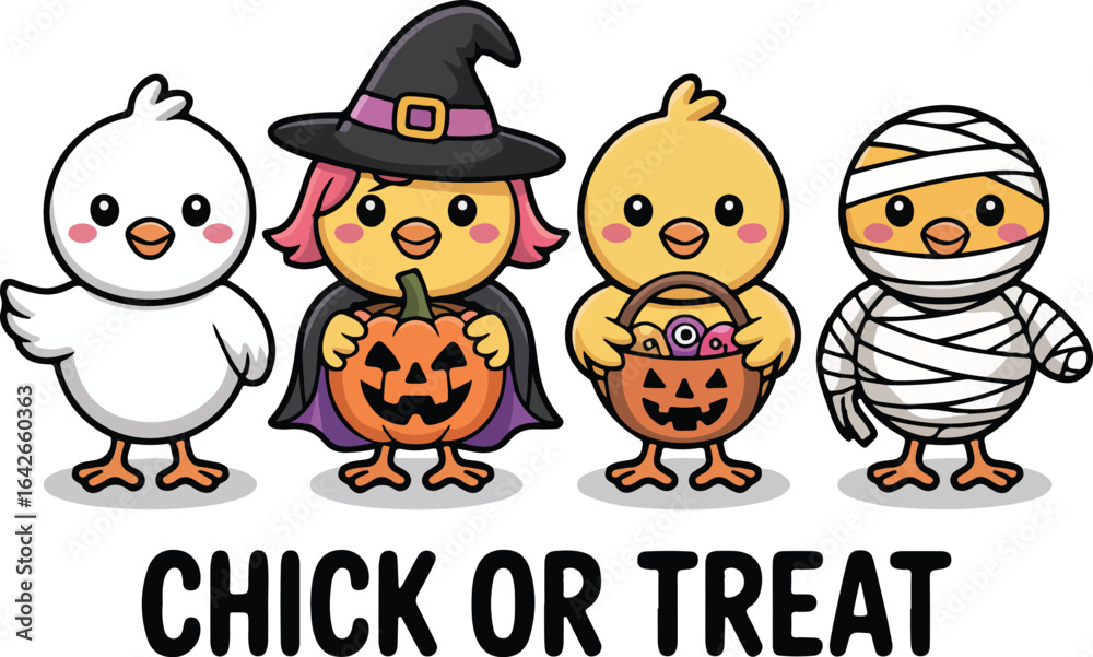Obraz premium Chick or Treat – Cute Halloween Chicks in Costumes with Pumpkins Vector Illustration