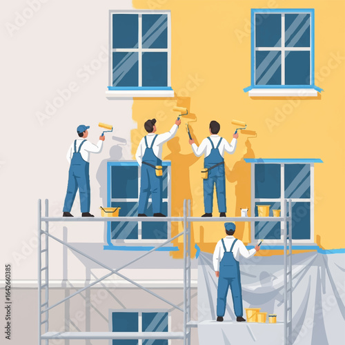 Four painters on scaffolding meticulously paint the exterior walls of a building, adding a fresh coat of yellow paint to revitalize its appearance and add curb appeal.