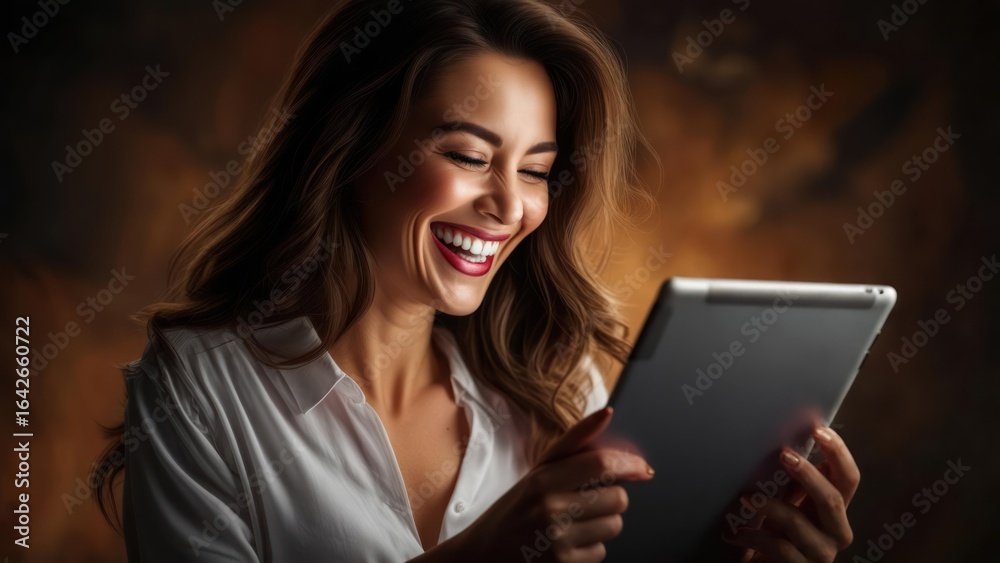 Fototapeta premium Woman smiling at tablet