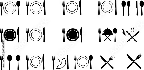 Food icons set, plate, fork, knife and spoon, set logotype menu, cutlery icon, tableware sign, catering icons, restaurant signs
