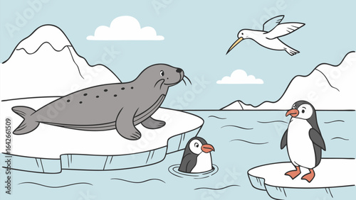 Vector illustration of a seal on ice with penguins in the water and a bird flying in a polar landscape