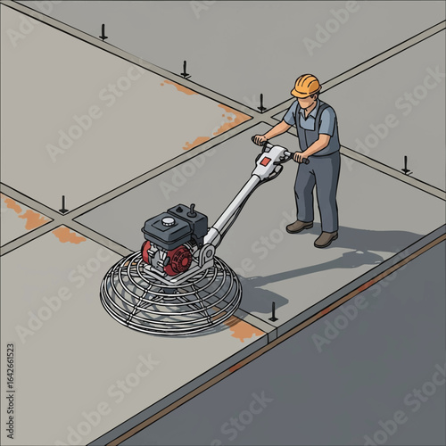 Illustration of a construction worker using a power trowel to smooth a concrete floor, showcasing the process of finishing and leveling a surface for industrial or commercial use.