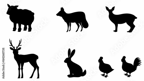 Vector silhouette illustration featuring a sheep, fox, doe, stag, rabbit, hen and rooster in black on white