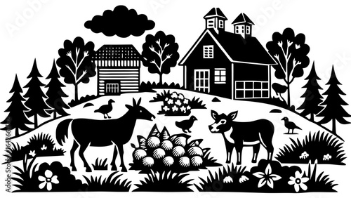Vector black and white farm scene with barn, house, animals, trees, flowers, and a cloud in a rural setting
