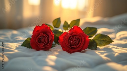 Two red roses on a white bed, sunlight