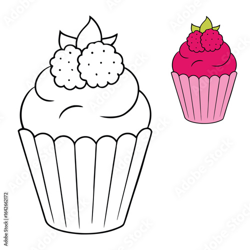 A fluffy, moist cupcake topped with creamy raspberry frosting and fresh raspberries, offering a perfect balance of sweetness and tart berry flavor in every bite.
