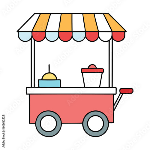 A charming street ice cream cart with a colorful awning, stocked with sweet frozen treats, ready to serve refreshing delights to passersby on a sunny day.
