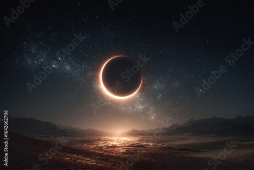 Mysterious glowing ring in the night sky over a reflective water surface with distant mountains and stars