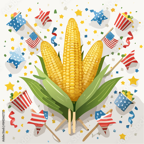 Roasted corn and vegetable kebabs displayed at a festive Labor Day picnic, surrounded by colorful patriotic confetti and decorative paper elements celebrating summer gatherings