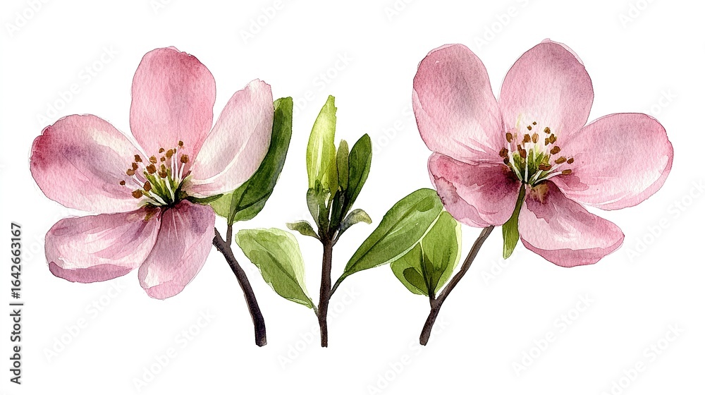 Obraz premium Two pink flowers with green leaves and stems isolated on a white background.