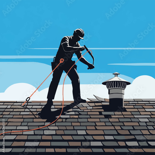 A roofer in a hard hat uses tools to repair a damaged roof section against a bright blue sky, showcasing professional roofing services and home maintenance.